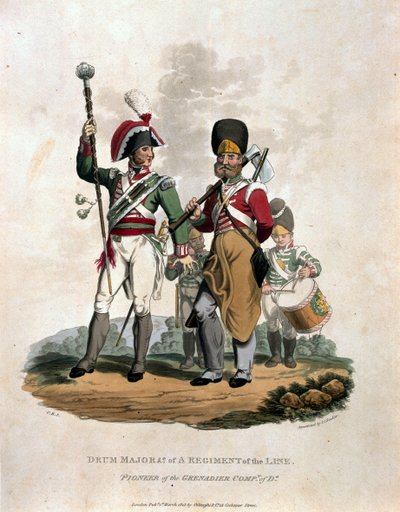 Tamboer-majoor en Co van een regiment van de linie met pionier van de grenadiercompagnie van D, uit Costumes of the Army of the British Empire, volgens de laatste voorschriften 1812, gegraveerd door J.C. Sta door Charles Hamilton Smith